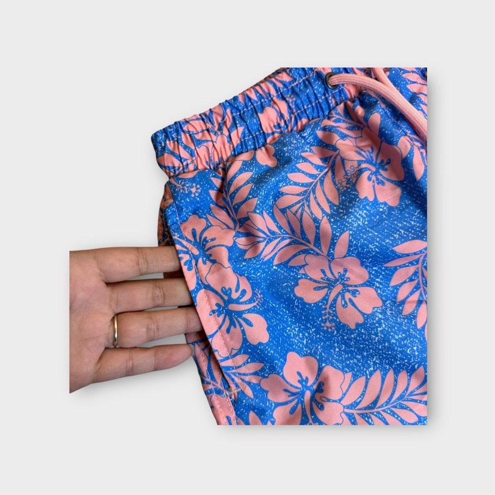 Beach Bros. Pink Hibiscus Floral Pattern Blue Swim Trunks - Picture 2 of 5